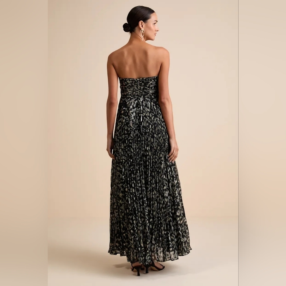 Lulus Lynwen Black Abstract Pleated Strapless Maxi Dress L Wedding Party Formal - Picture 5 of 10